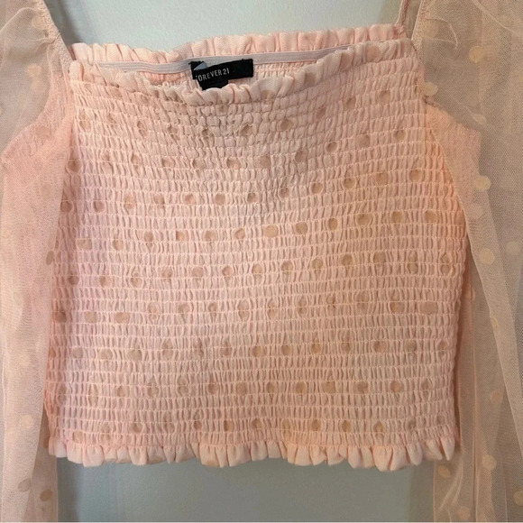 Forever 21 Long Puff Polka Dot Mesh Sleeve Pink Knit Crop Top Size M GUC - Picture 3 of 8